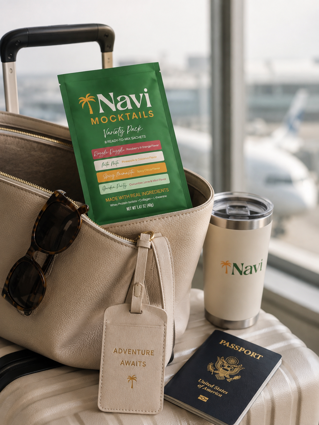Navi Variety Pack and tumbler tucked into a travel tote by a passport and luggage