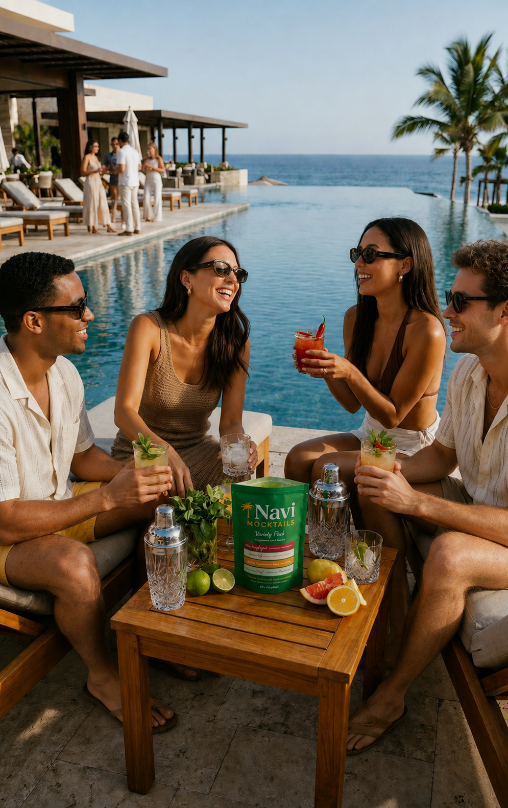 Friends gathered by a resort pool enjoying Navi mocktails with the Variety Pack