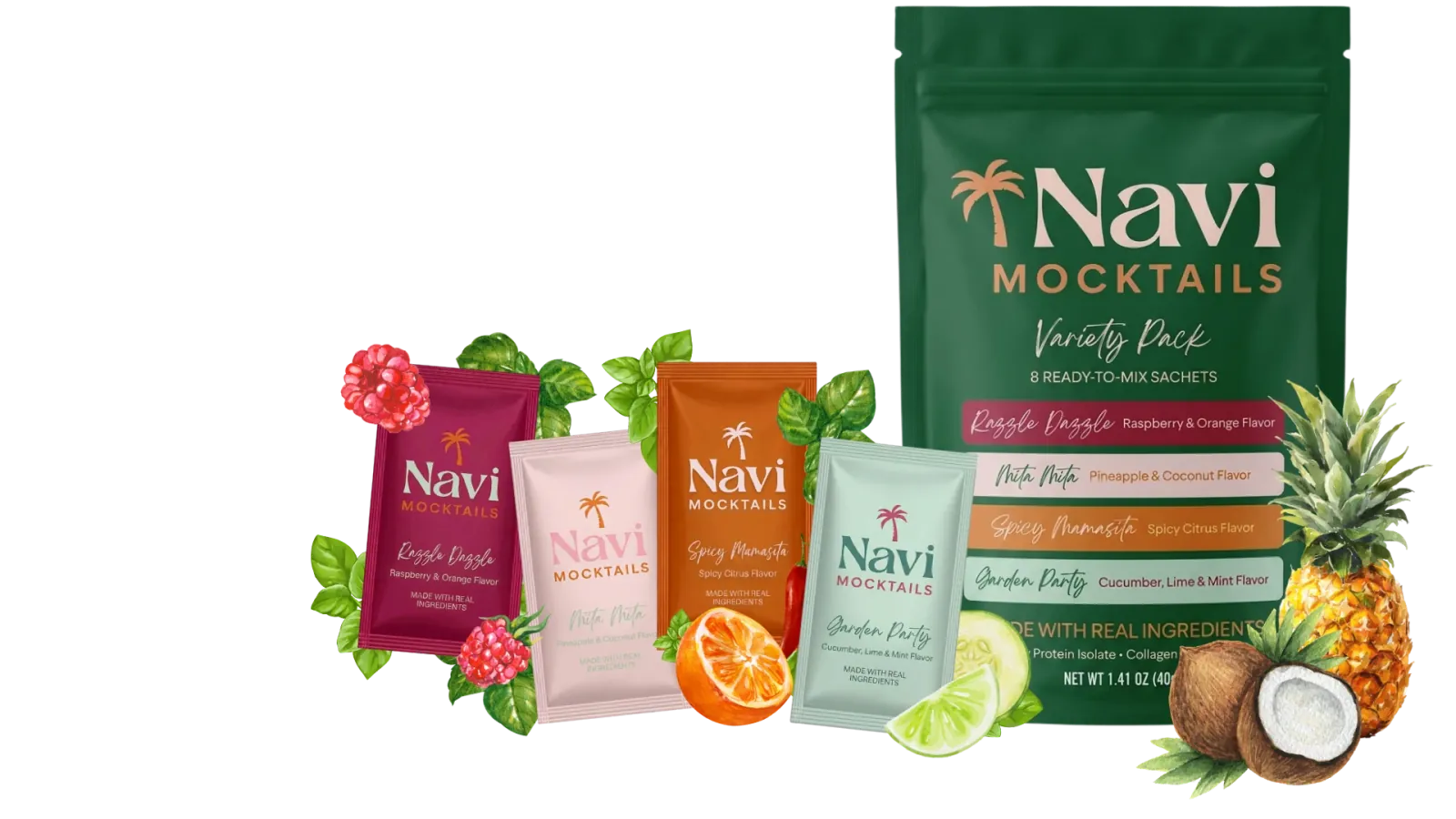 Navi Mocktails Variety Pack with four flavor sachets and fresh fruit